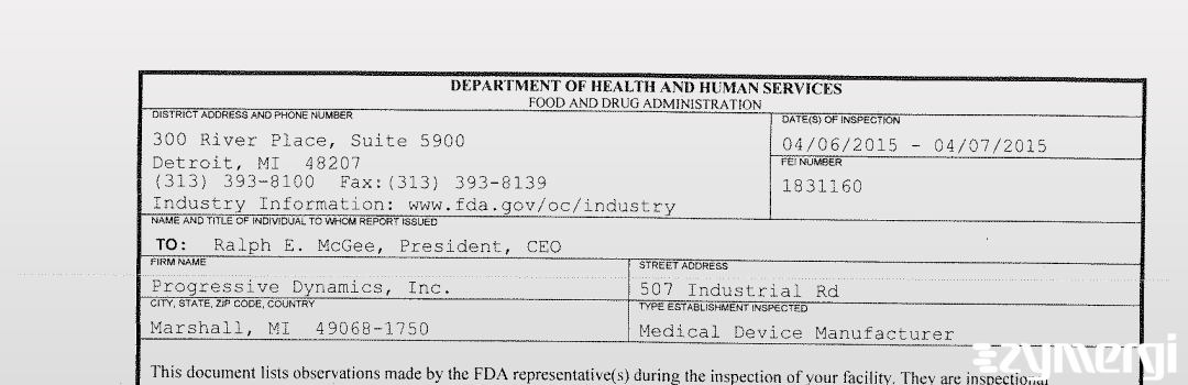 FDANews 483 Progressive Dynamics, Inc. Apr 7 2015 top