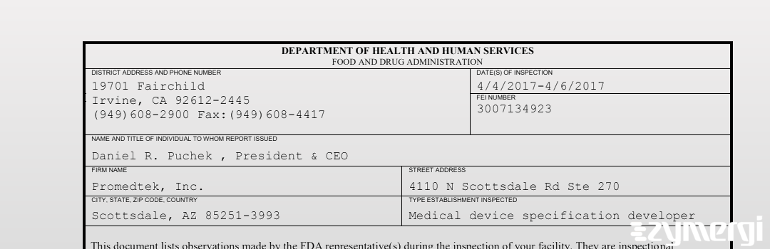 FDANews 483 Promedtek, Inc. Apr 6 2017 top