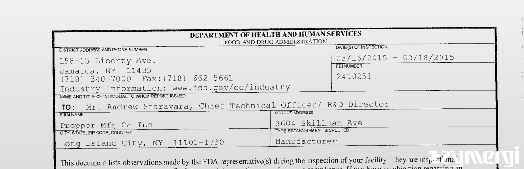 FDANews 483 Propper Mfg Co Inc Mar 18 2015 top