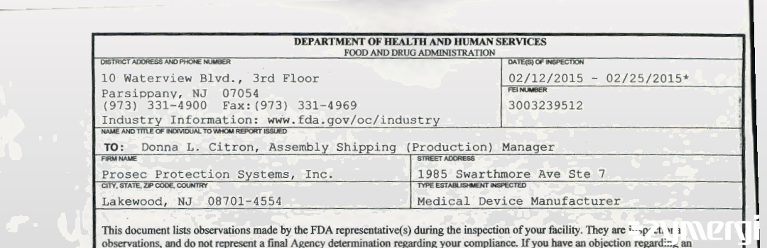 FDANews 483 Prosec Protection Systems, Inc. Feb 25 2015 top