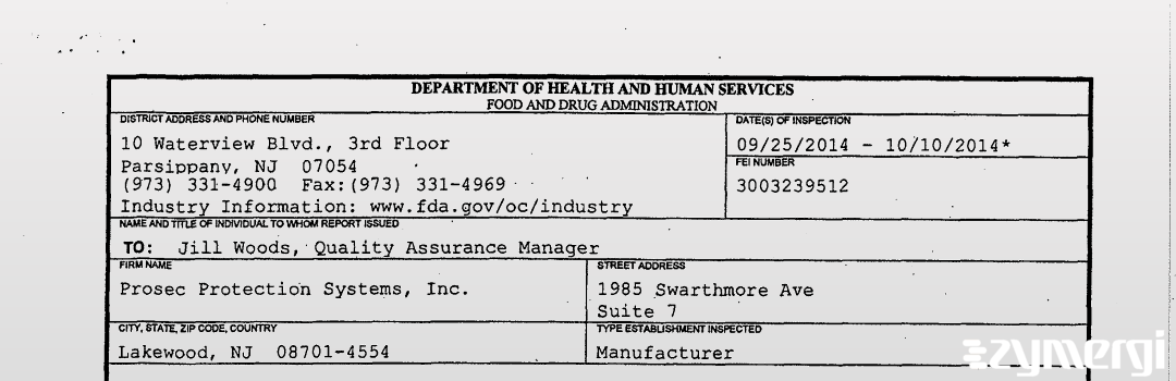 FDANews 483 Prosec Protection Systems, Inc. Oct 10 2014 top