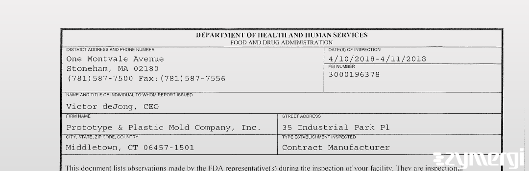 FDANews 483 Prototype & Plastic Mold Company, Inc. Apr 11 2018 top