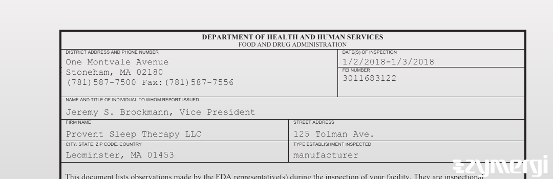 FDANews 483 Provent Sleep Therapy LLC Jan 3 2018 top