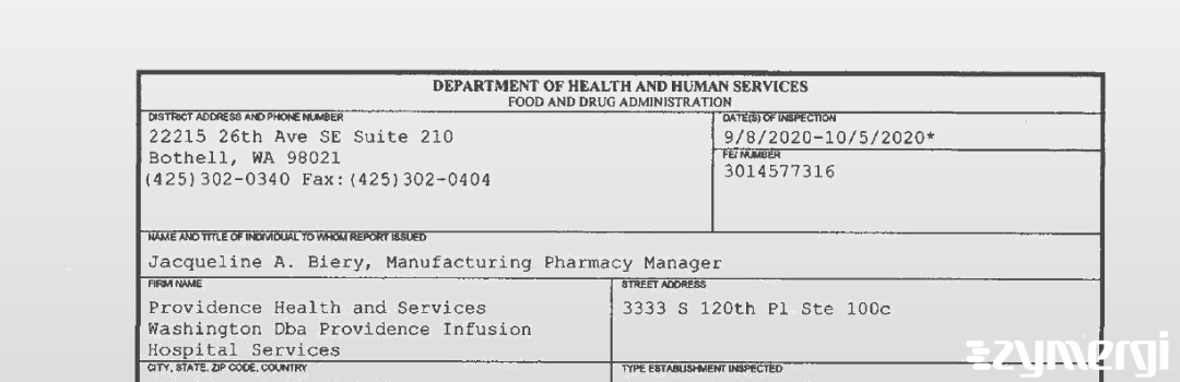 FDANews 483 Providence Health and Services Washington Dba Providence Infusion Hospital Services Oct 5 2020 top