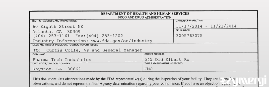 FDANews 483 Pharma Tech Industries Nov 21 2014 top