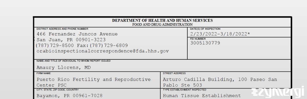 FDANews 483 Puerto Rico Fertility and Reproductive Center PSC Mar 18 2022 top