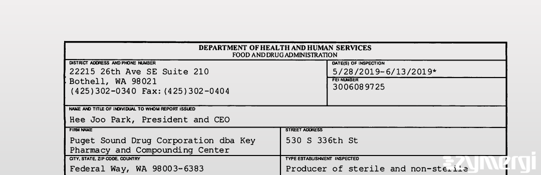 FDANews 483 Puget Sound Drug Corporation dba Key Pharmacy and Compounding Center Jun 13 2019 top