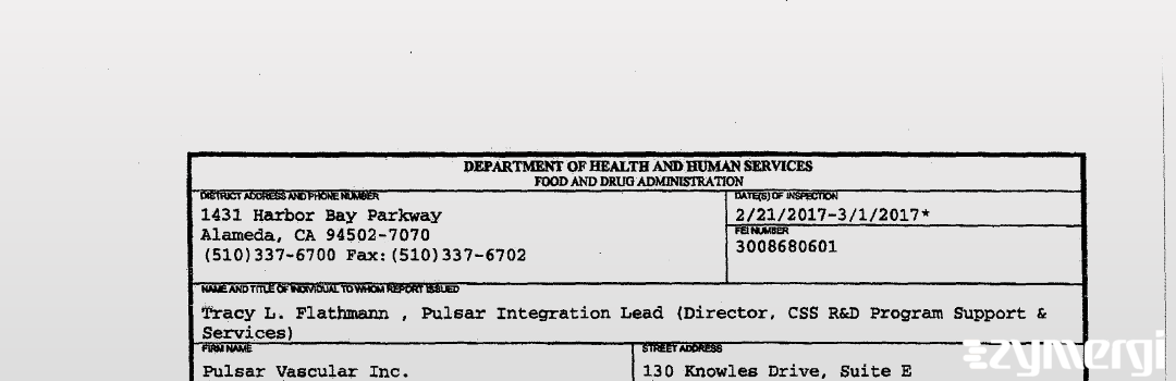 FDANews 483 Pulsar Vascular Inc. Mar 1 2017 top