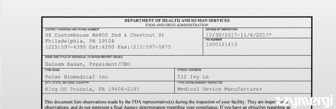 FDANews 483 Pulse Biomedical Inc Nov 6 2017 top