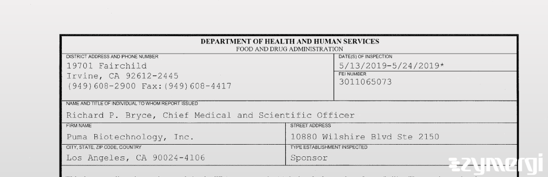 FDANews 483 Puma Biotechnology, Inc. May 24 2019 top