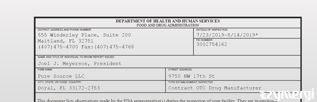 FDANews 483 Pure Source LLC Aug 14 2019 top