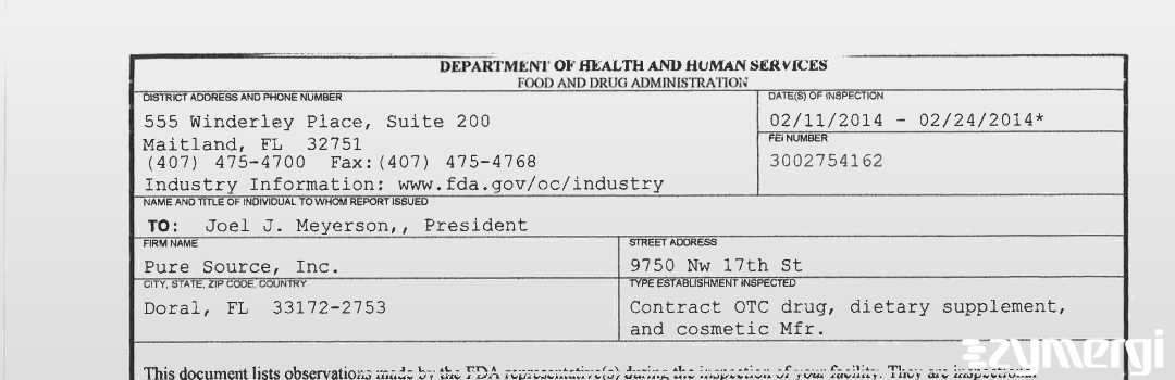 FDANews 483 Pure Source, Inc. Feb 24 2014 top