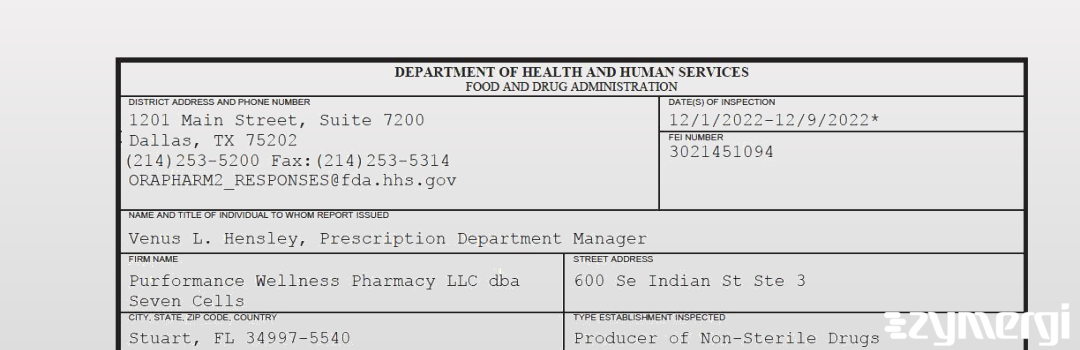 FDANews 483 Purformance Wellness Pharmacy LLC dba Seven Cells Dec 9 2022 top