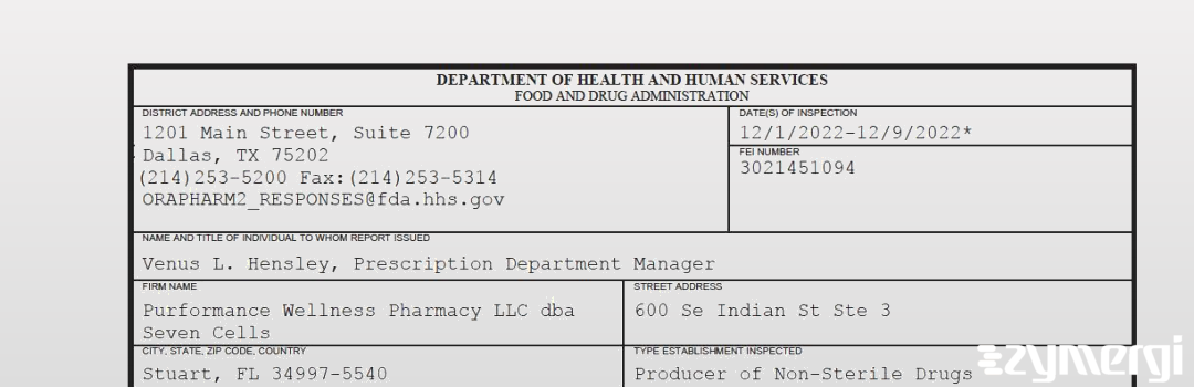 FDANews 483 Purformance Wellness Pharmacy LLC dba Seven Cells Dec 9 2022 top