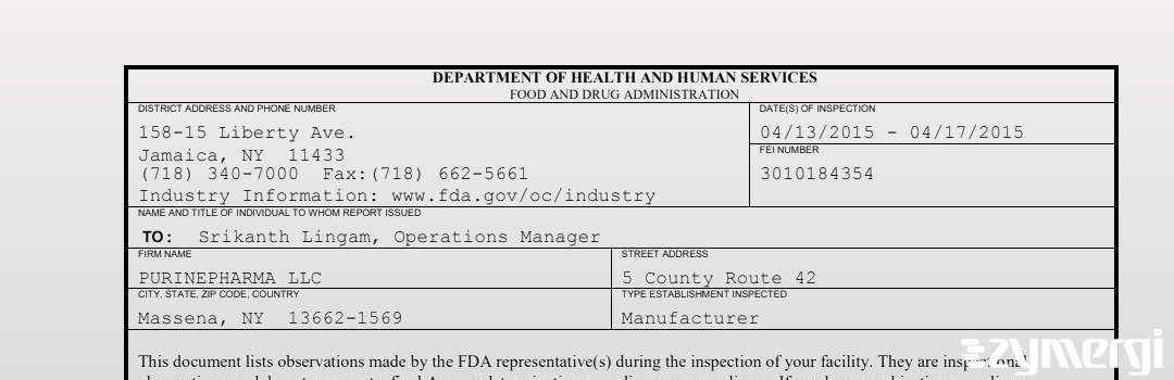 FDANews 483 PURINEPHARMA LLC Apr 17 2015 top