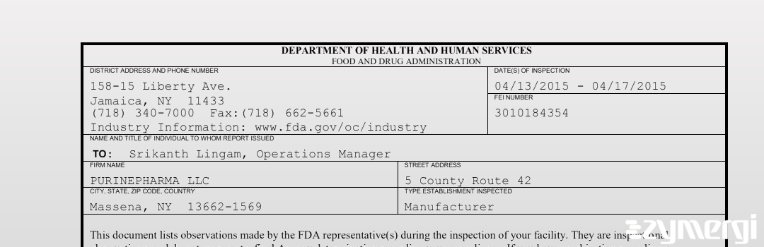 FDANews 483 PURINEPHARMA LLC Apr 17 2015 top