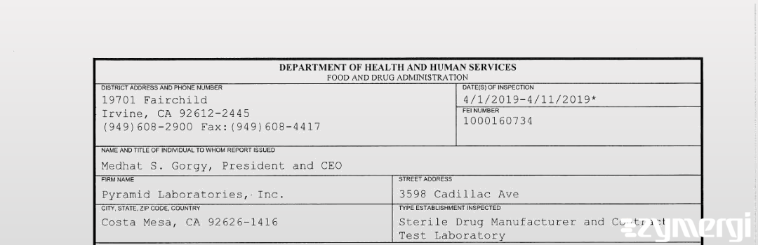 FDANews 483 Pyramid Laboratories, Inc. Apr 11 2019 top