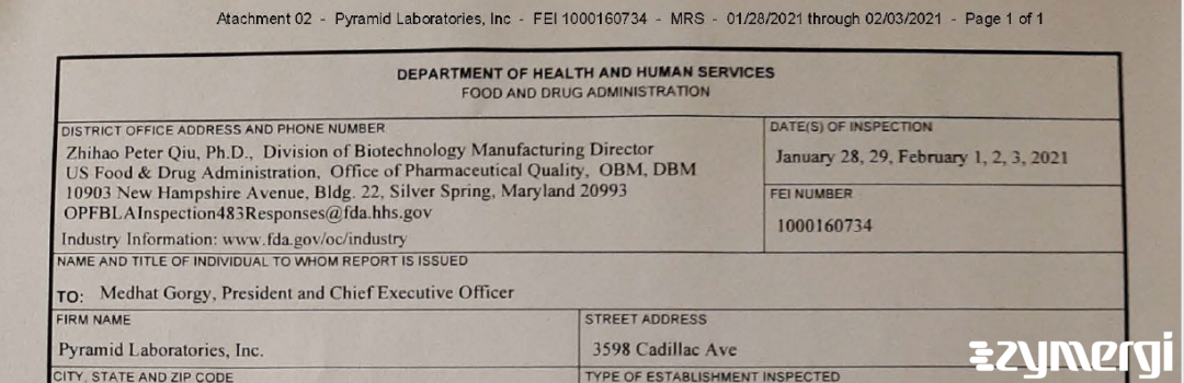 FDANews 483 Pyramid Laboratories, Inc. Feb 3 2021 top