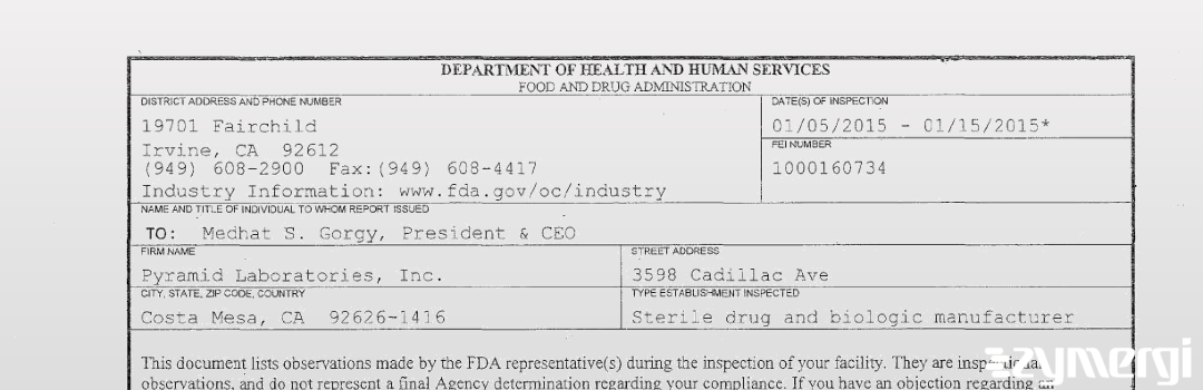 FDANews 483 Pyramid Laboratories, Inc. Jan 15 2015 top