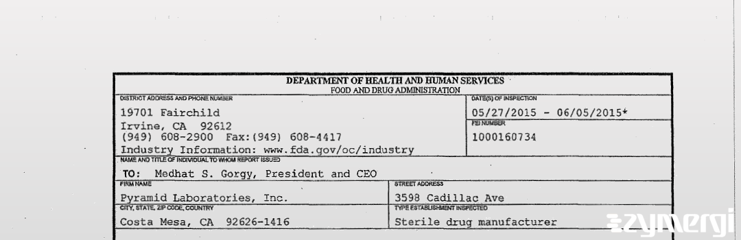 FDANews 483 Pyramid Laboratories, Inc. Jun 5 2015 top