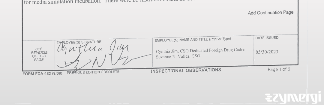 Suzanne N. Vallez FDA Investigator Cynthia Jim FDA Investigator
