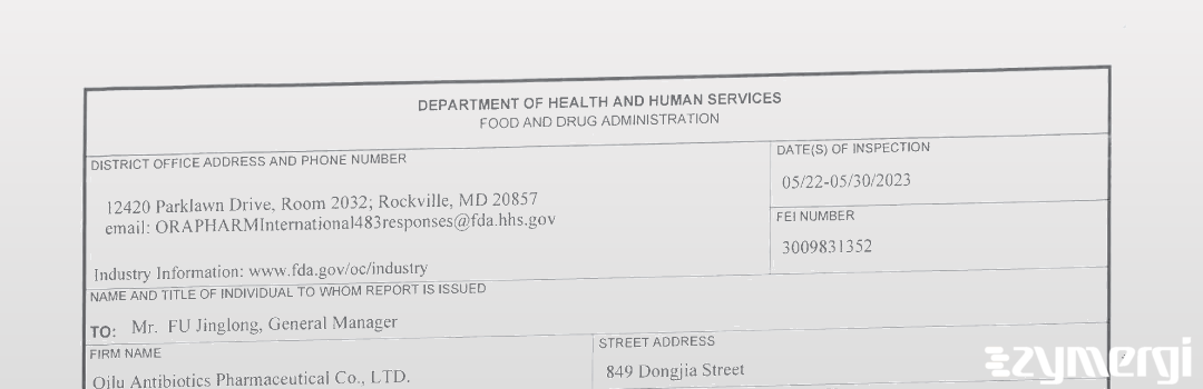 FDANews 483 Qilu Antibiotics Pharmaceutical Co. , Ltd. May 30 2023 top