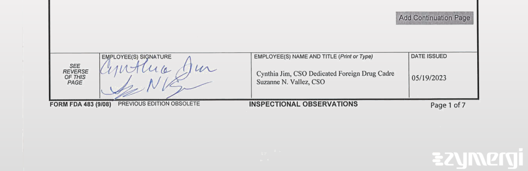 Suzanne N. Vallez FDA Investigator Cynthia Jim FDA Investigator