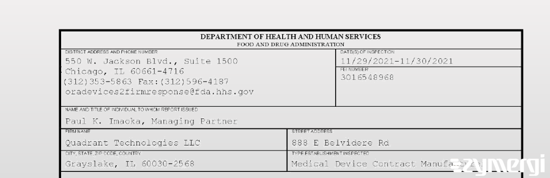 FDANews 483 Quadrant Technologies LLC Nov 30 2021 top