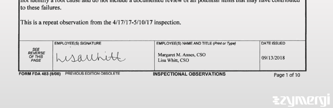 Margaret M. Annes FDA Investigator Lisa R. Whitt FDA Investigator 