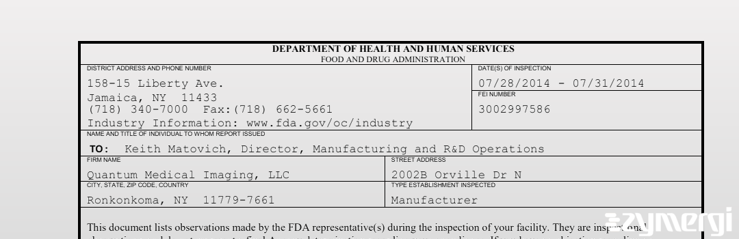 FDAzilla 483 Quantum Medical Imaging, LLC Jul 31 2014 top