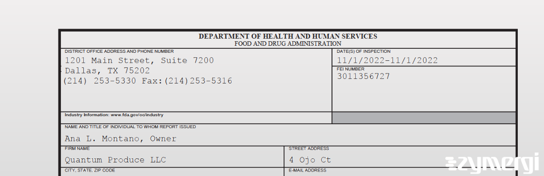 FDANews 483 Quantum Produce LLC Nov 1 2022 top