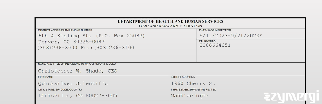 FDANews 483 QUICKSILVER SCIENTIFIC, INC Sep 21 2023 top