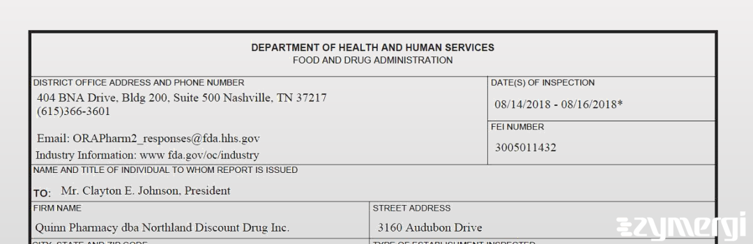 FDANews 483 Quinn Pharmacy dba Northlaurel Discount Drugs, Inc. Aug 16 2018 top