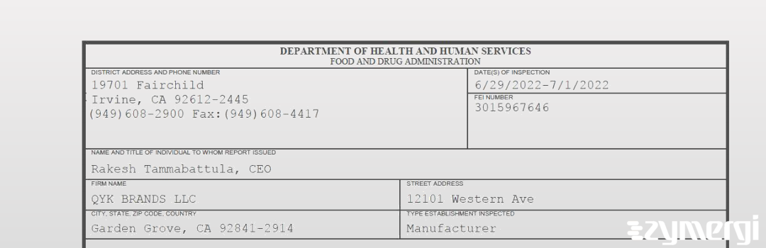 FDANews 483 QYK BRANDS LLC Jul 1 2022 top