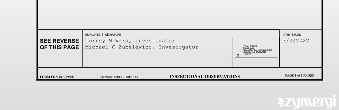 Torrey M. Ward FDA Investigator Michael C. Zubelewicz FDA Investigator 