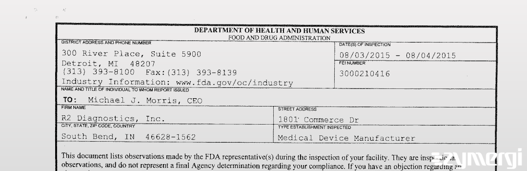 FDANews 483 R2 Diagnostics, Inc. Aug 4 2015 top