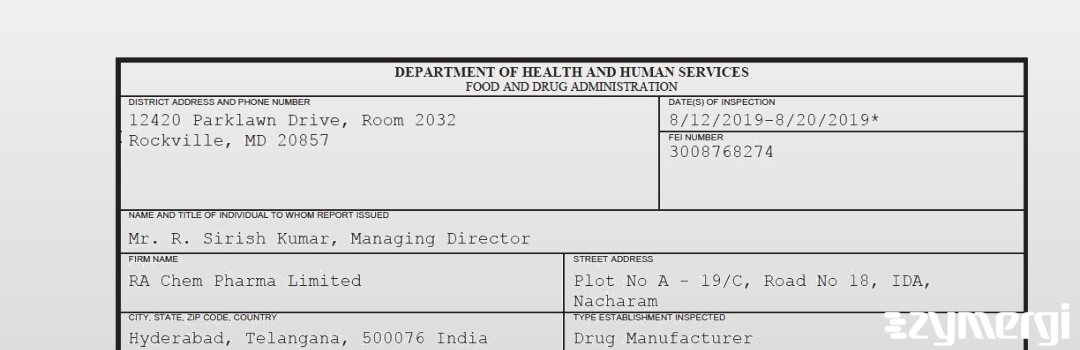 FDANews 483 RA Chem Pharma Limited Aug 20 2019 top