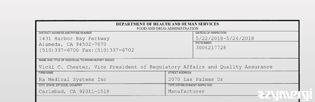 FDANews 483 Ra Medical Systems, Inc. May 24 2018 top