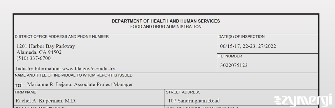 FDANews 483 Rachel A. Kuperman, M.D. Jun 27 2022 top