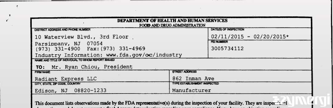 FDANews 483 Radiant Express LLC Feb 18 2015 top