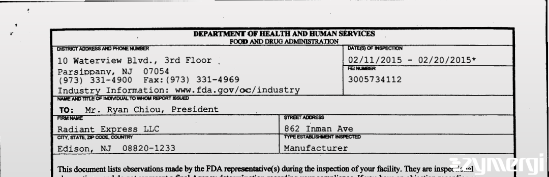 FDANews 483 Radiant Express LLC Feb 18 2015 top