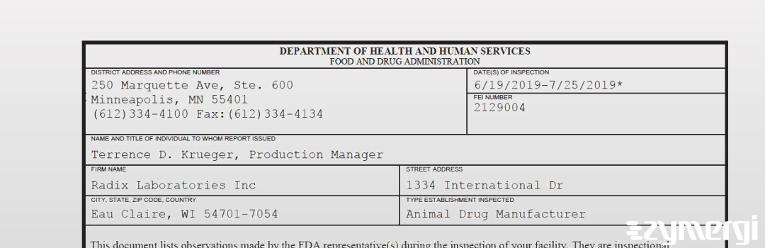 FDANews 483 Radix Laboratories Inc Jul 25 2019 top