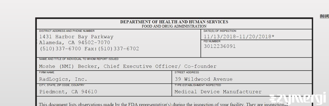 FDANews 483 RadLogics, Inc. Nov 20 2018 top