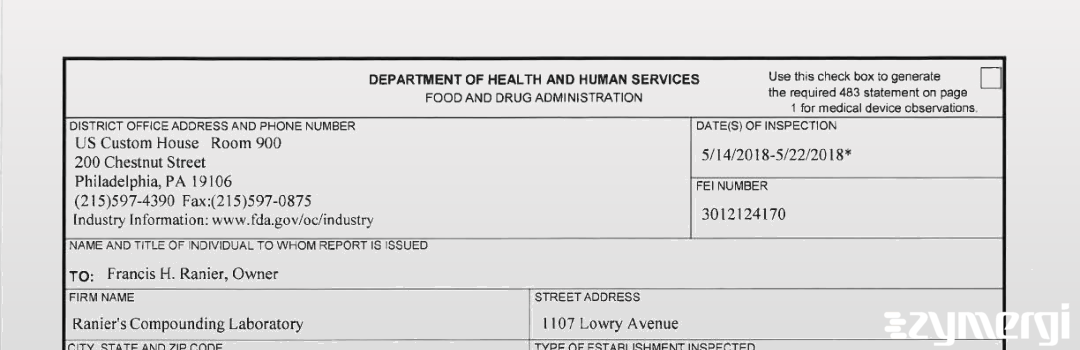 FDANews 483 Ranier's Compounding Laboratory May 22 2018 top