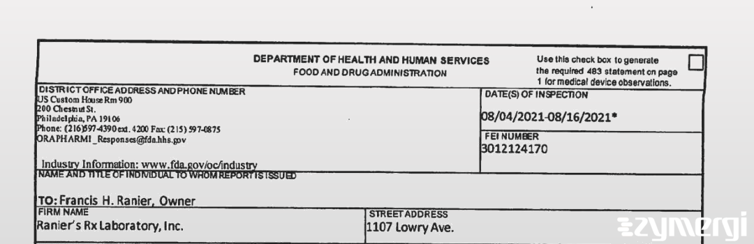 FDANews 483 Ranier's Compounding Laboratory Aug 16 2021 top