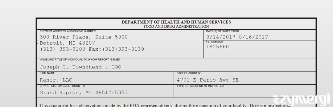 FDANews 483 Ranir, LLC Aug 16 2017 top