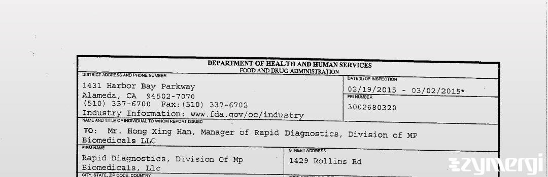 FDANews 483 Rapid Diagnostics, Division Of Mp Biomedicals, Llc Mar 2 2015 top