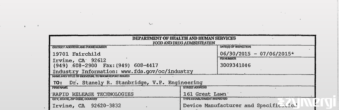 FDANews 483 RAPID RELEASE TECHNOLOGIES Jul 6 2015 top