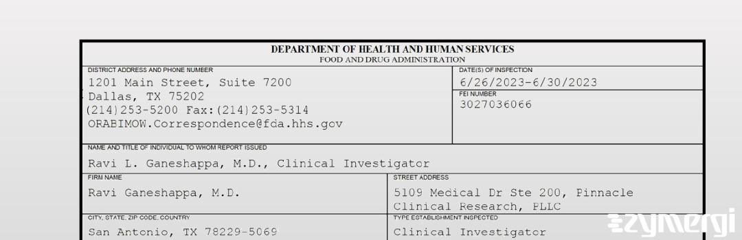 FDANews 483 Ravi Ganeshappa, M.D. Jun 30 2023 top