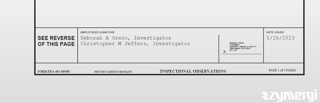 Deborah A. Greco FDA Investigator Christopher M. Jeffers FDA Investigator 